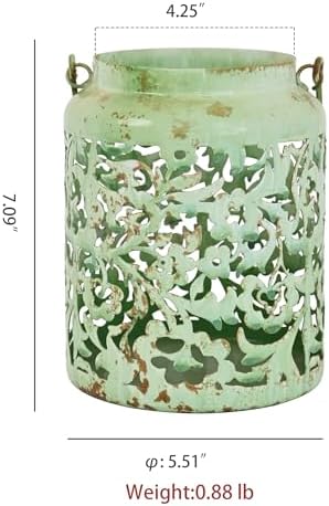 Vintage Metal Candle Lanterns with Handle Rustic Distressed Light Green Decorative Candle Holder with Floral Cut-Out Design for Home, Garden, Patio, Porch, Parties, Weddings Decor - Image 2