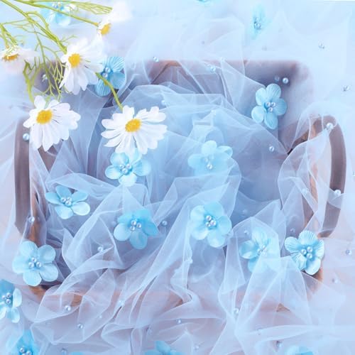 3 Pack Baby Blue Floral Pearl Tulle Tablecloths 10ft Sheer Table Linens - Image 2
