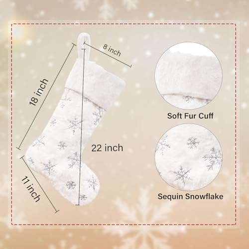 CARAKNOTS White Christmas Stockings 5 Pack, Large Faux Fur Silver Snowflake - Image 6