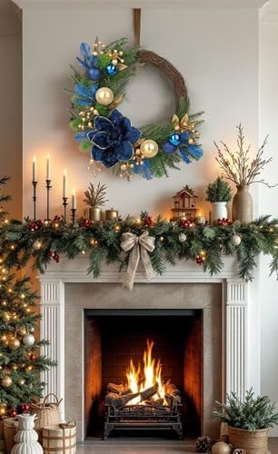 "20" Christmas Wreath for Front Door – Artificial Winter Half Wreath with Blue Velvet Maglonia Flower, Ball Ornaments, Berry Clusters for Indoor & Covered Outdoor Holiday Christmas Decoration " - Image 2
