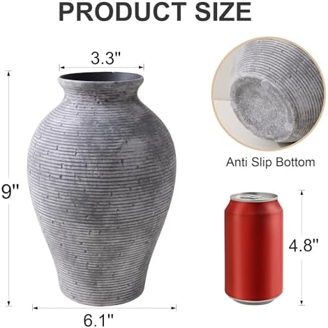 Ceramic Flower Vase Home Decor, 9 in Farmhouse Table Vases Rustic Vintage Living Room Kitchen Bedroom Pottery Decorative Vases for Flowers House Book Shelf Office Coffee Desk Dining Entryway, Grey - Image 6