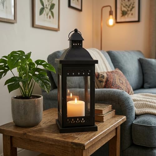 Hosley 15" Clear Glass Iron Lantern - Large Black Classic Style, Decorative Candle Holder for Weddings, Parties, Aromatherapy, Spa, LED Candles, Home Décor Gift - Image 2