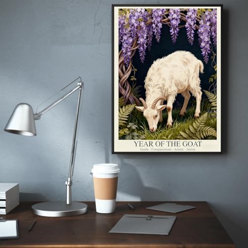 Chinese Lunar Year of the Goat Art Poster – White Goat Under Wisteria Arch Aesthetic Home Decor Posters for Room Wall Art and Apartment 12X18 in Wrapped Framed - Image 6