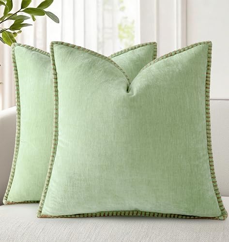 decorUhome Soft Chenille Throw Pillow Covers 24x24 Set of 2 Sage Green by decorUhome