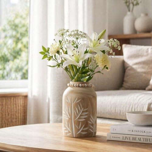 Room Decor Flower Vase，Farmhouse Wood Vases Home Decor，Living Room Centerpieces for Tables Decorations,Ceramic Flower Pot for Shelf Kitchen Counter,Laundry Office House Bedroom Cottage Core Decor by Jhumeg