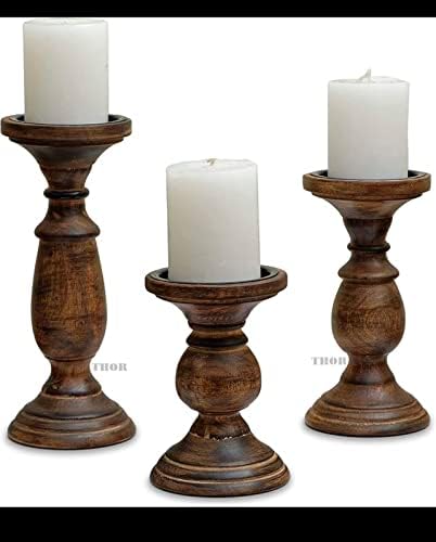 Candle Pillar Holder, Candle Holder Set of 3 Fall Wooden Candle Holder, Farmhouse Set for Table Centerpiece Home Decor-10,8,6 Inch by THOR+INSTRUMENTS