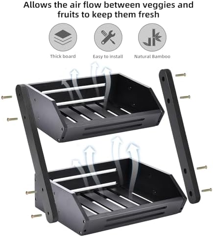 VIKEYHOME Kitchen Organizer with 2-Tier Bamboo Fruit Basket – Large Capacity, Space-Saving Fruit & Veggie Stand for Countertop, Snack Holder, Natural & Sturdy 15mm Thick Design - Image 2