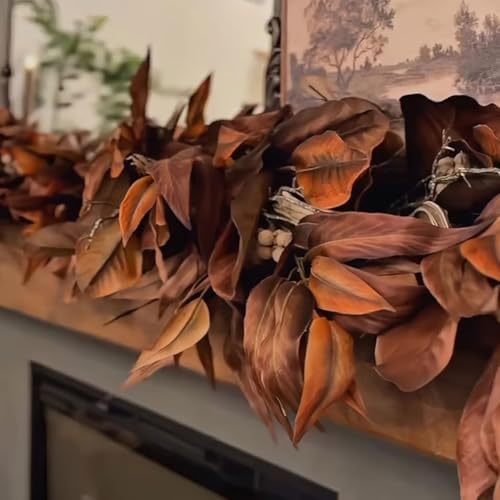 Brown Magnolia Leaf Garland, 6ft Realistic Magnolia Leaf Garland, Artificial Fall Magnolia Leaves Garlands, Waterproof Fall Decorations for Home, Fireplace, Porch (2Pcs) - Image 4