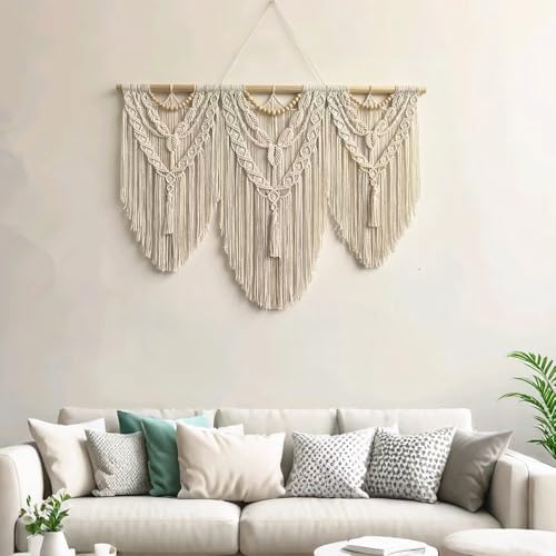 large macrame wall hanging - Boho Tapestry Macrame Wall Decor Art- Chic Bohemian Handmade Woven Tapestry Home Decoration for Bedroom Living Room Apartment Wedding Party - 43"x32" (Wood bead-A) - Image 4