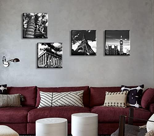 4 Piece Black White European Landmarks Canvas Wall Art, Framed 12x12in - Image 3