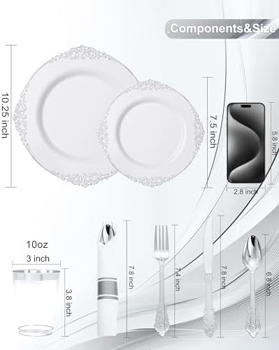 Nervure 700Pcs Silver Plastic Plates, Plastic Dinnerware Set for 100 Guests - Image 3