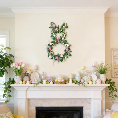 28 Inch Easter Bunny Wreath for Front Door, Tulip Easter Egg Wreath with Colorful Berries, Spring Floral Wreaths for Home Wall Window Farmhouse Decor - Image 2