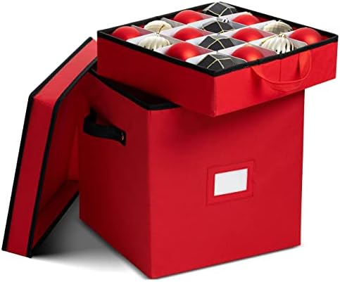 Zober Christmas Ornament Storage Box - Stores 64 Ornaments - Non-Woven, Tear- Proof Christmas Ornament Storage Containers - 3 Inch Cube Compartments - Red by ZOBER