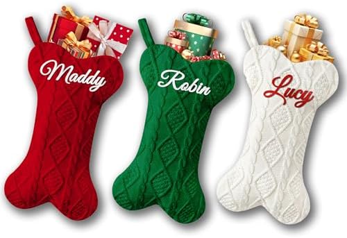 Personalized Dog Christmas Stockings 3 Pack, Custom Name Knitted Christmas Stockings, 16.9” Large Xmas Stocking for Dogs Cats Pets, Bone Shape Fireplace Hanging Holiday Xmas Party Decoration by Bianspz