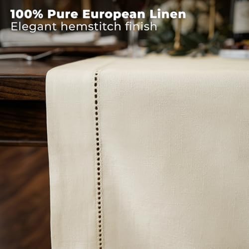 Signature Linen™ by D'Moksha, Ivory Table Runner 60 Inches, 100% Pure Linen, Hemstitch, Coffee Table Runner, 14 x 60 Inch for Dresser Tables- Fall, Weddings, Outdoor Hosting - Image 2