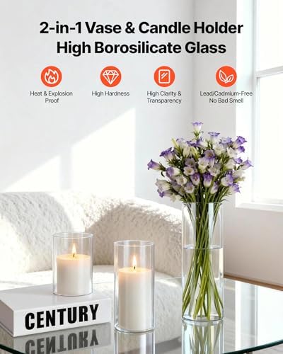 VEVOR Pillar Candles and Glass Vases Set 36 Pcs, Clear Cylinder Hurricane Candle Holders for Wedding Centerpieces, Tall Vase for Table Decor, Wedding Party, Thanksgiving, White (3.4" x 4.7",7.1",9.8") - Image 3