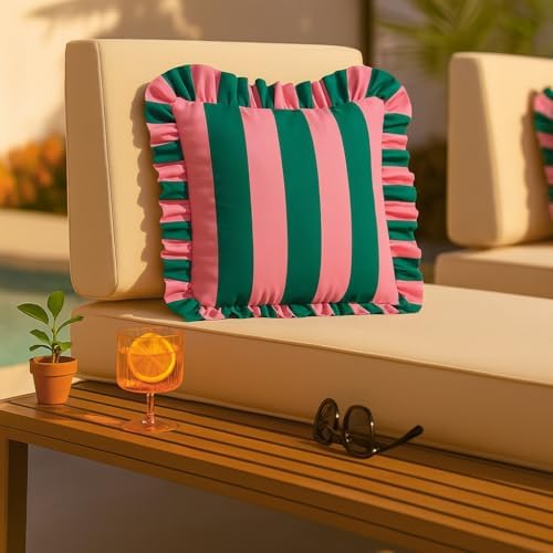 MONDAY MOOSE Decorative Throw Pillow Covers, Set of 2 Water-Resistant Striped Design with Ruffle Edge for Outdoor/Indoor Use, Pillow Inserts Not Included (20x20 inch, Pink/Dark Teal) - Image 4