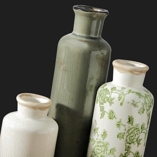 Vintage Vase Set of 3, Ceramic Vintage Flower Vases, Chinoiserie Decorative Home Decor Retro Floral Vase Rustic Farmhouse Decor for Table Bookshelf Mantel Kitchen Living Room Office - Green and Beige - Image 4