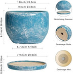 SQOWL Ceramic Planters - 10 Inch Plant Pot Indoor with Drainage Hole and Saucer, Decorative Flower Pot Outdoor, Round Large Planter, Living Room Office Garden Decor, Plant Lover Gifts for Women, Blue - Image 3