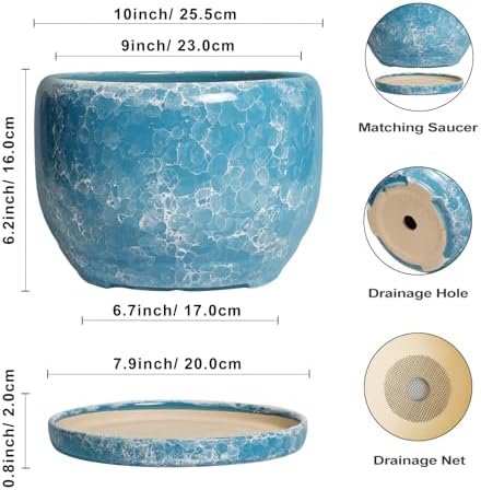 SQOWL Ceramic Planters - 10 Inch Plant Pot Indoor with Drainage Hole and Saucer, Decorative Flower Pot Outdoor, Round Large Planter, Living Room Office Garden Decor, Plant Lover Gifts for Women, Blue - Image 3