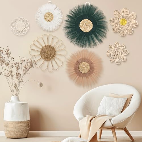 Chunful 7 Pcs Boho Wall Basket Decor Rattan Flower, Emerald Green - Image 5