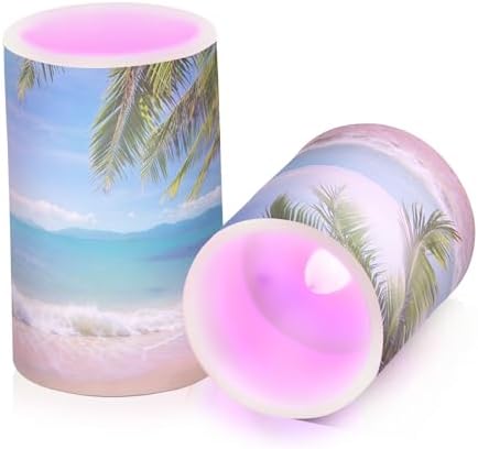 ALAZA Summer Beach with Green Coconut Trees Flickering Flameless Candles Battery Operated with Remote Timer,Tea Light Candles LED Pillar Votive Candles Set of 2 for Outdoor Indoor Decorations - Image 2