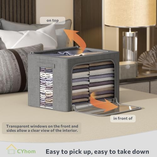 CYhom Clothes Storage Bins Box - Linen Fabric Foldable Stackable Container Organizer Set with Clear Window & Carry Handles & Metal Frame (Dark Gray, Medium-36L) - Image 2