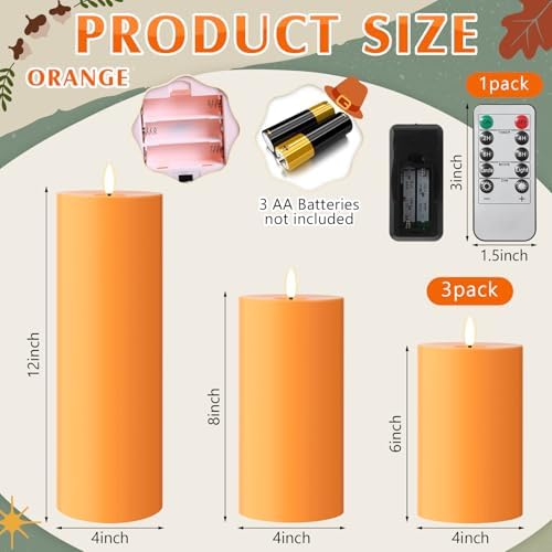 Retisee 3 Pcs 6/8/12" Fall Orange Flameless LED Candle Decor for Home - Image 2