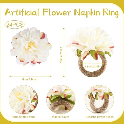 24 Pcs Flower Napkin Rings Daisy Flower Handcraft Floral Napkin Holder Rings for Wedding, Holiday Banquet, Luncheons, Birthday Party Dining Table Decor - Image 3