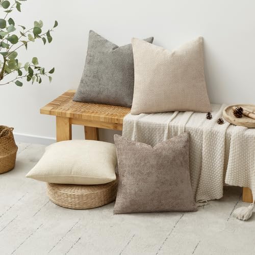 MIULEE Decorative Chenille Pillow Covers Neutral Beige 20x20 Pack of 4 - Image 4