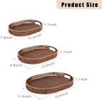 Set of 3 Serving Tray for Foods & Drinks, Faux Rattan Trays with Handles, Wicker Tray Handwoven Organizer Baskets Storage Decorative Coffee Table Brown - Image 2