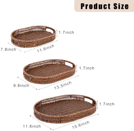 Set of 3 Serving Tray for Foods & Drinks, Faux Rattan Trays with Handles, Wicker Tray Handwoven Organizer Baskets Storage Decorative Coffee Table Brown - Image 2