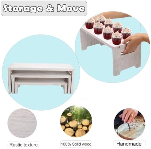 MRPAPA 3 Tier Cupcake Stand & Wood Display Risers,for Food Desserts Stand Perfume Organizer Funko POP Collections, Display Stand for Organizer and Decoration (White(Washed)-Display Riser) - Image 4