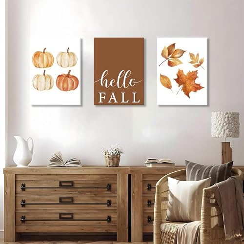 XYHYRA Vintage Fall Wall Art Set of 3, Rustic Farmhouse Seasonal with Hello Fall Sign Canvas Prints Painting, Thanksgiving Pumpkin Kitchen Wall Decor Picture for Living Room Bedroom 12x16 Inch - Image 5