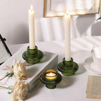 Green Taper Candle Holders Set of 8, Ribbed Glass Candlestick Holders - Image 5