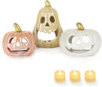Sunlit Ceramic Pumpkin with 3 Tea Lights, Jack O Lantern Candle Holder Set of 3, Tabletop Indoor Halloween Decorations for Holiday Party Home, Pearl Finish by Sunlit