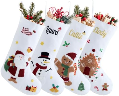 Personalized Christmas Stockings with Embroidered Name,White Canvas Stockings with Chenille Embroidered Santa Claus,Snowman or Gingerbread Man Pattern for Family & Holiday Decor(4 Pack) by Infiher