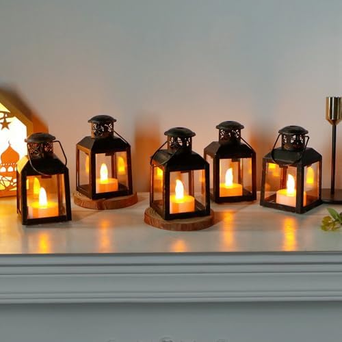 TRIROCKS 6 Pcs Small Metal Candle Lanterns Vintage Hanging House Tealight Lantern Decorative Candle Tea Light Holders for Table Valentine Patio Indoor Outdoor Gifts(Black with Gold Brush) - Image 4