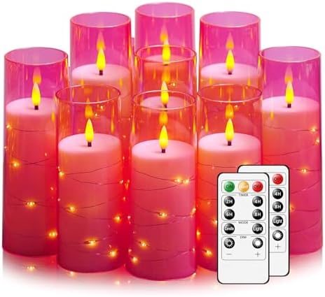Nimiko Flickering Flameless LED Candles,Battery Operated Candles 9 Pcs with Embedded Star String,Acrylic LED Pillar Candles with Remote,Suitable for Home Decoration to Create an Atmosphere (Pink) by Nimiko