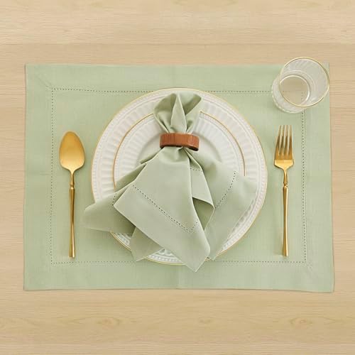 Solino Home Cotton Linen Placemats Sage Hemstitch, 14 x 19 in, Set of 4 - Image 3