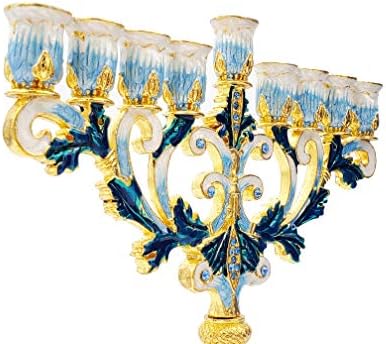 The Dreidel Company Hand-Painted Enamel Metal Menorah with Blue, White, Gold and Green Jeweled Accents, 6" Inches - Image 2