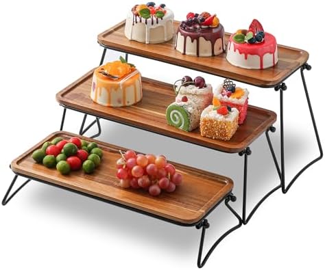 Acacia Wood & Metal 3-Tier Serving Stand, Large Rectangular Platter, 17 Inches, Decorative Tiered Tray for Entertaining, Party, Cupcake Serving, Gift by Tvvtuww