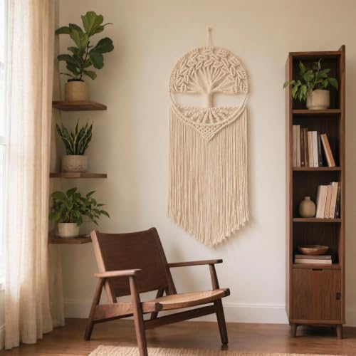 Sylfaen Tree of Life Macrame Wall Hanging - Boho Handmade Woven Tapestry - Dream Catcher Wall Decor Art Living Room - Macrame Tapestry Boho Decor for Bedroom (Beige) - Image 7