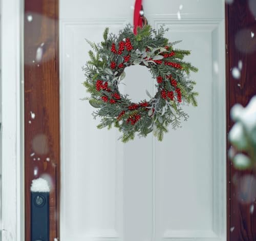 20 Inch Green Faux Pine Christmas Wreath with Red Berry– Mixed with Fake Norfolk Cypress, Cedar & Lamb Ear, Xmas Winter Wreaths for Front Door Porch Mantel & Fireplace (20") - Image 2