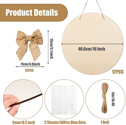 12 Pcs 16 Inch Wood Circles for Crafts Unfinished Round Wood Discs Blank Wooden Rounds Slices Round Wooden Door Hanger Signs with Bows, Twine and Glue Points for DIY Craft Holiday Decor,5 mm Thick - Image 2