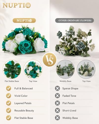 NUPTIO Flower Wedding Centrepieces for Tables - 6 Pcs 9.5in Diameter Teal & White Artificial Flowers Rose Ball for Centerpieces Table - Fake Rose Arrangements for Weddings Birthday Party Decorations - Image 4
