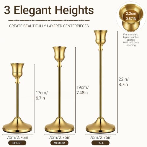 36 Pack Gold Taper Candle Holders, Bulk Metal Candlestick Holders in 3 Heights for Wedding Table Centerpieces, Receptions, Parties, Dining Tables and Home Decor - Image 3