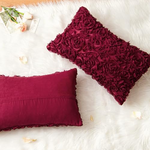 MIULEE Pack of 2 3D Decorative Romantic Stereo Chiffon Rose Flower Throw Pillow Cover Solid Square Pillowcase for Christmas Day Decoration Sofa Bedroom Car 12x20 Inch (30x50cm) Wine Red - Image 3