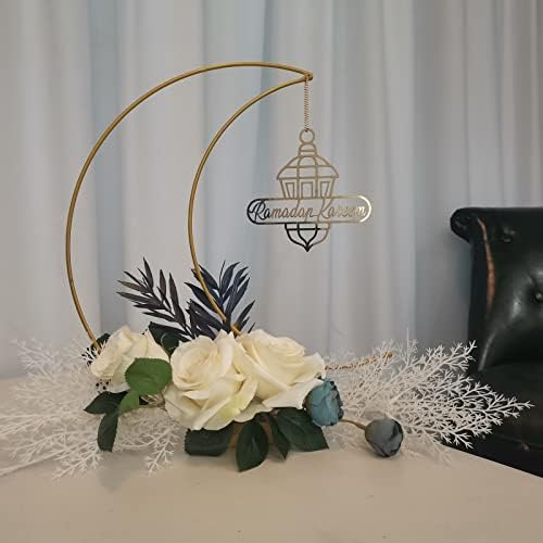 Ramadan Kareem Decorations, Artificial Moon Shape Wreaths Table Decor with Castle Sign, Ramadan Mubarak Metal Rings Floral Ornaments, for Home Desk Fireplace Party Supplies - Image 6