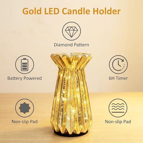 Home Decor, Mercury Glass Pillar Candle Pedestal Holders with 10 Led Lights, Lighted up Candle Holder for Pillar Candle, Candlestick Holders with Timer for Wedding Home Dining Table Xmas (Gold) - Image 3